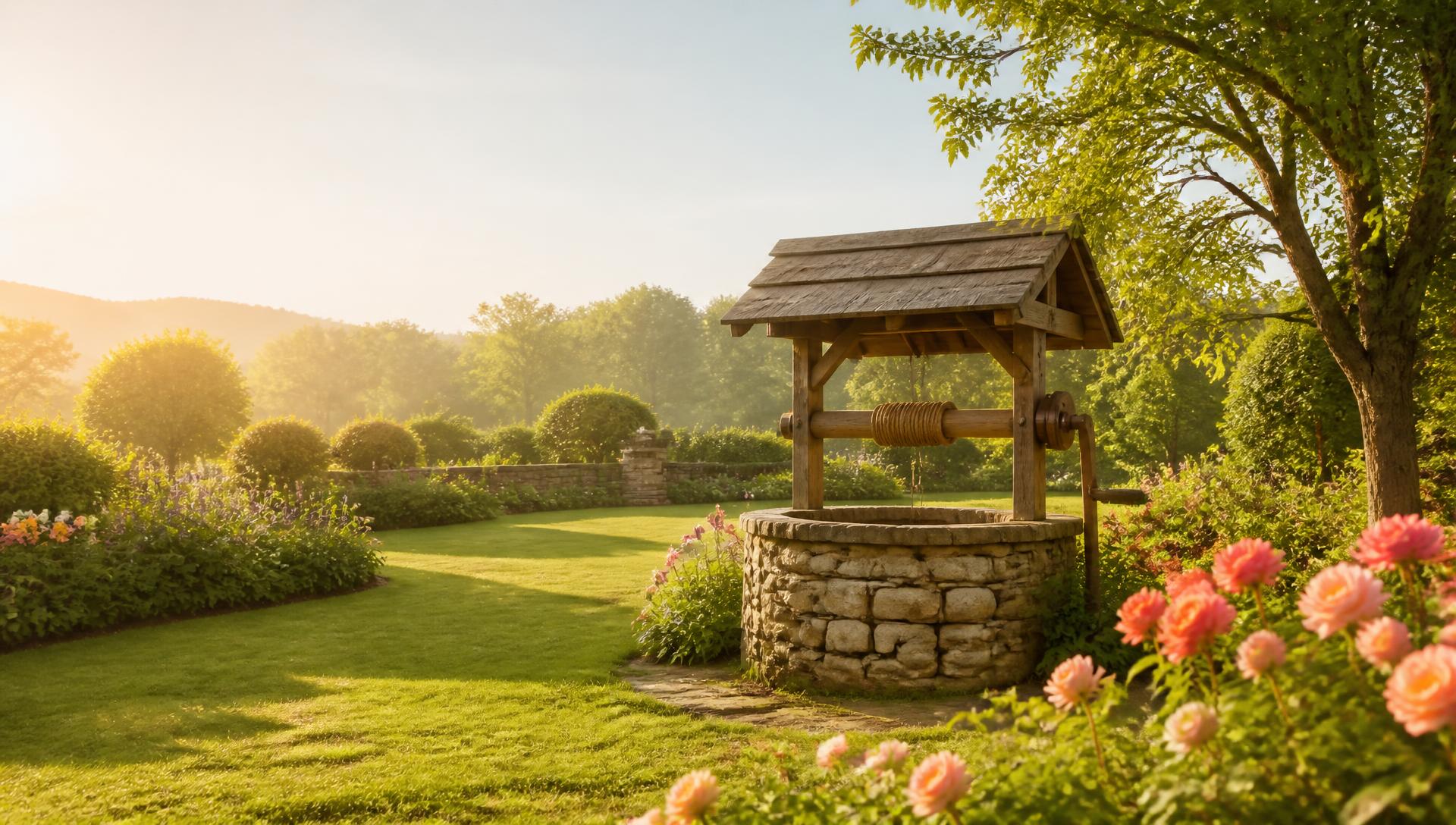 Idyllischer Garten mit altem Steinbrunnen im Morgenlicht